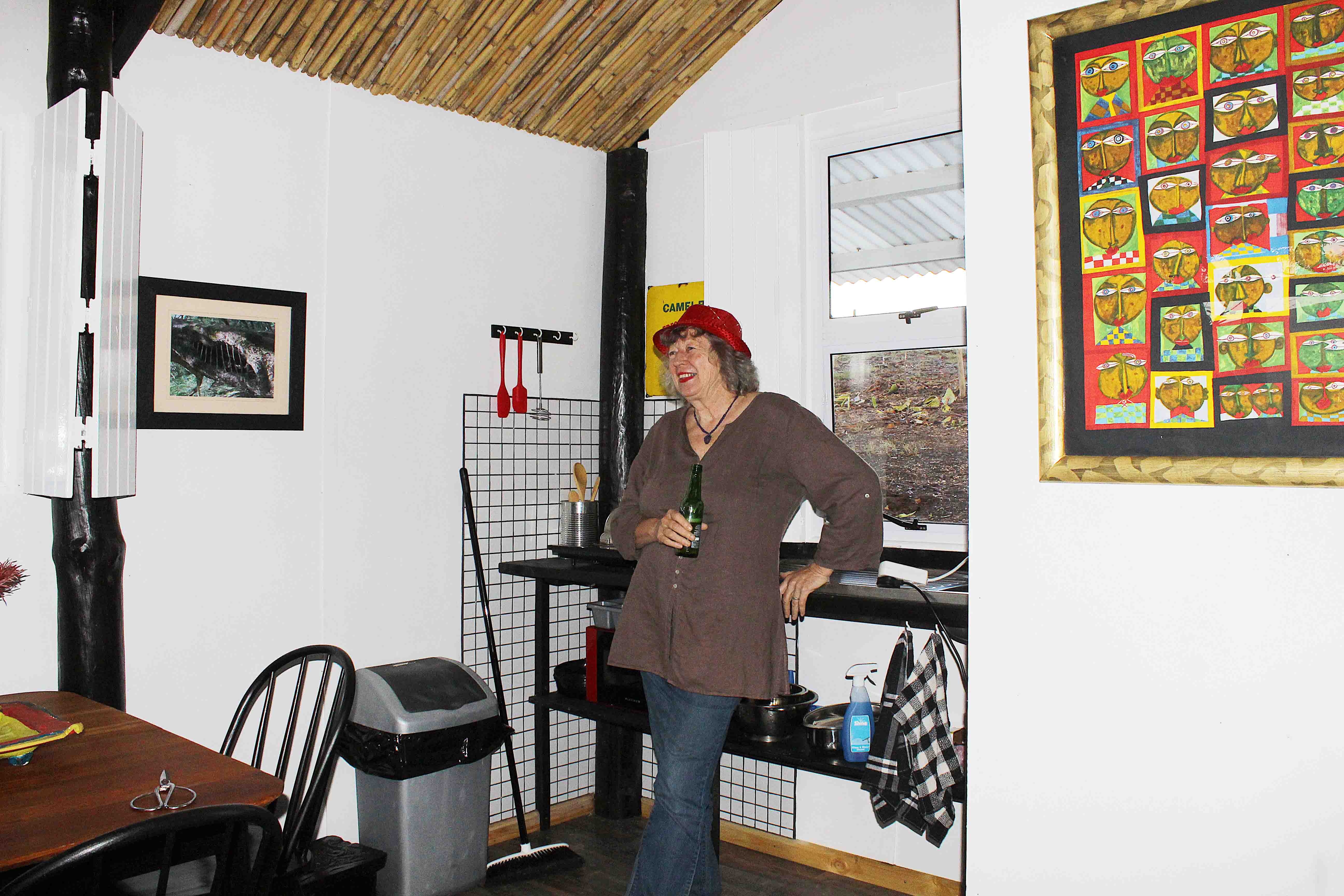 A guest in the guest house kitchen.